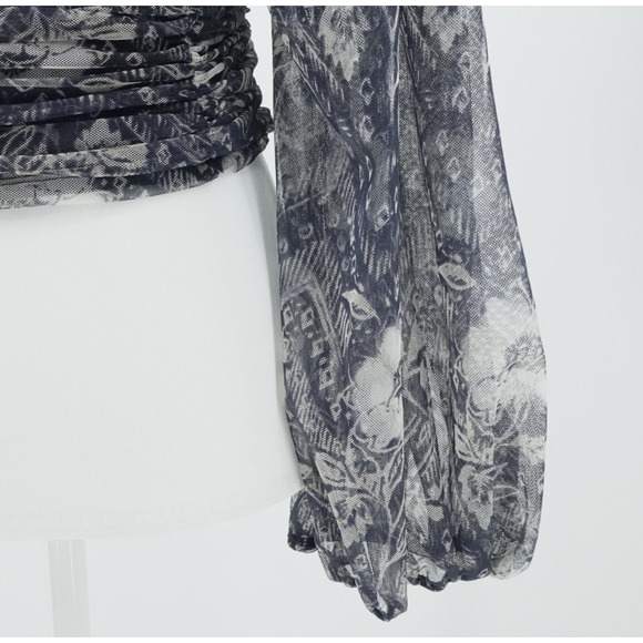 Free People Crop Top Blue Sheer Floral Puff Sleeve Cottagecore Boho Size Large - Picture 11 of 13